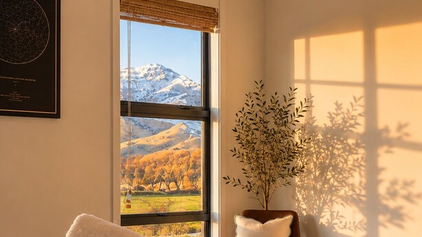 Ein Schlafzimmer mit Bett, einem Fenster mit Bergblick, einer Pflanze und einem Sessel.
