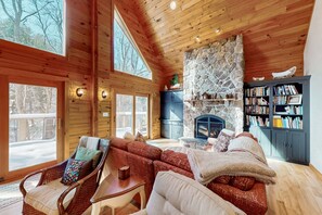 TV, fireplace, DVD player, books