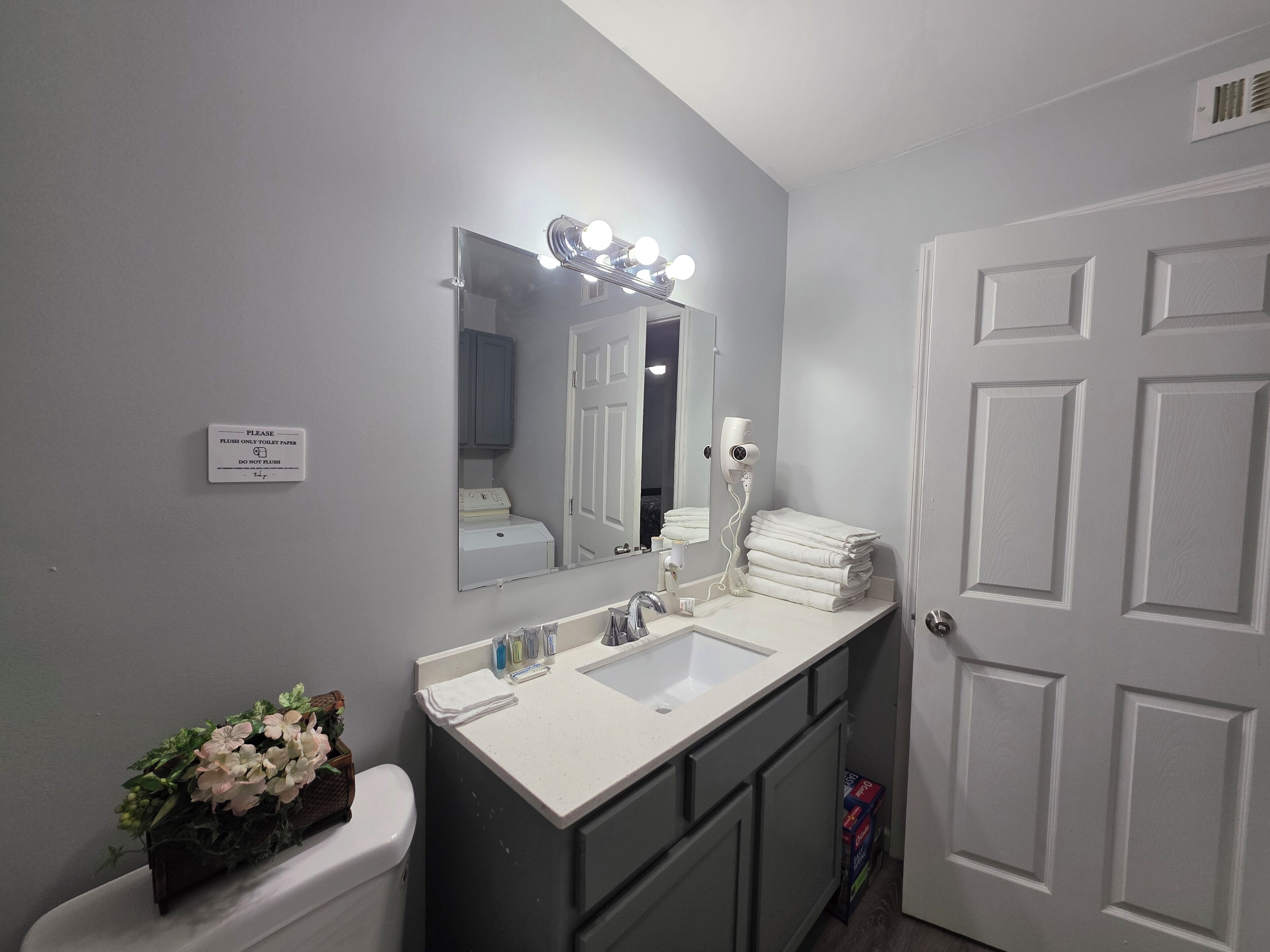 ヘアドライヤー、タオル、石鹸、トイレットペーパー