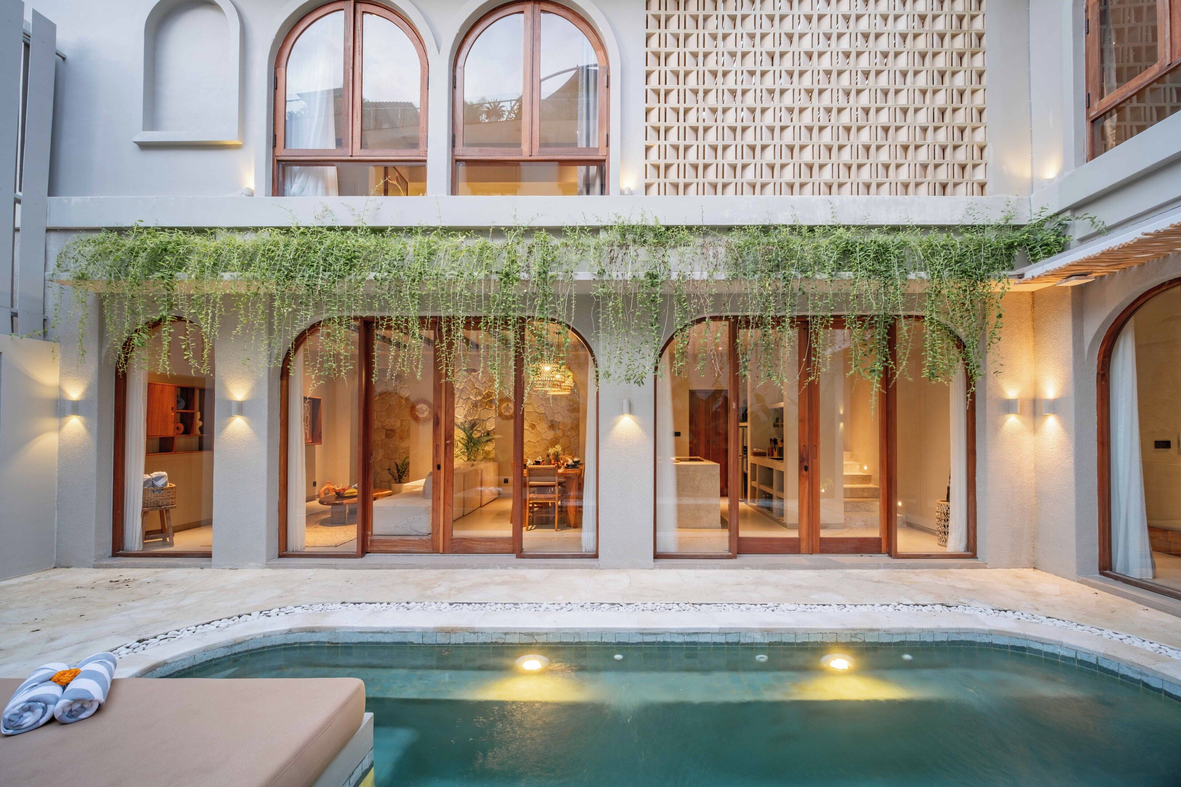 Outdoor pool, pool umbrellas, pool loungers