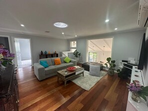 Smart TV, fireplace, DVD player, books