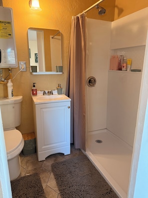 シャワー、タオル、石鹸、トイレットペーパー