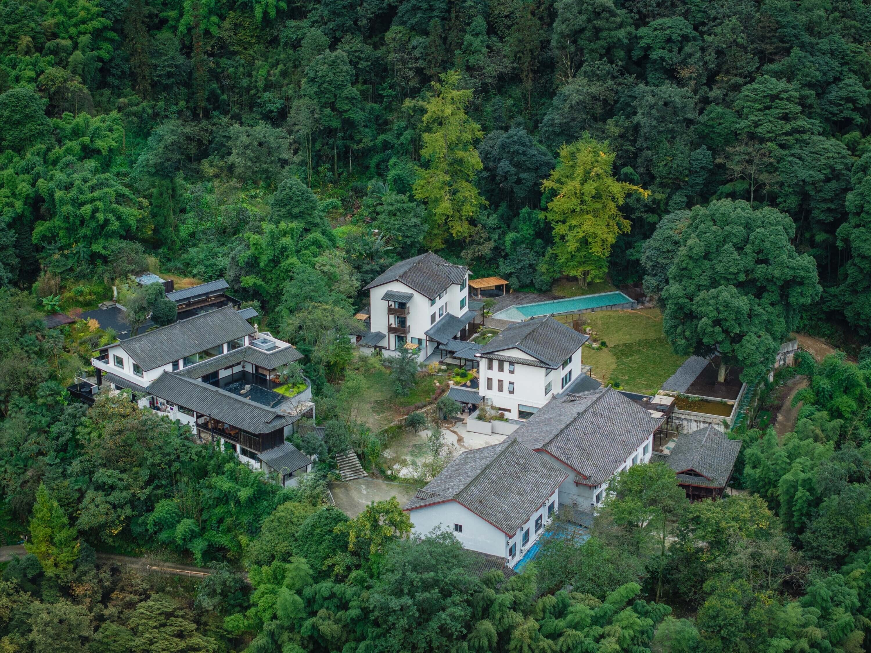 A traditional Japanese-style house surrounded by dense forest, with a swimming pool and a small garden.