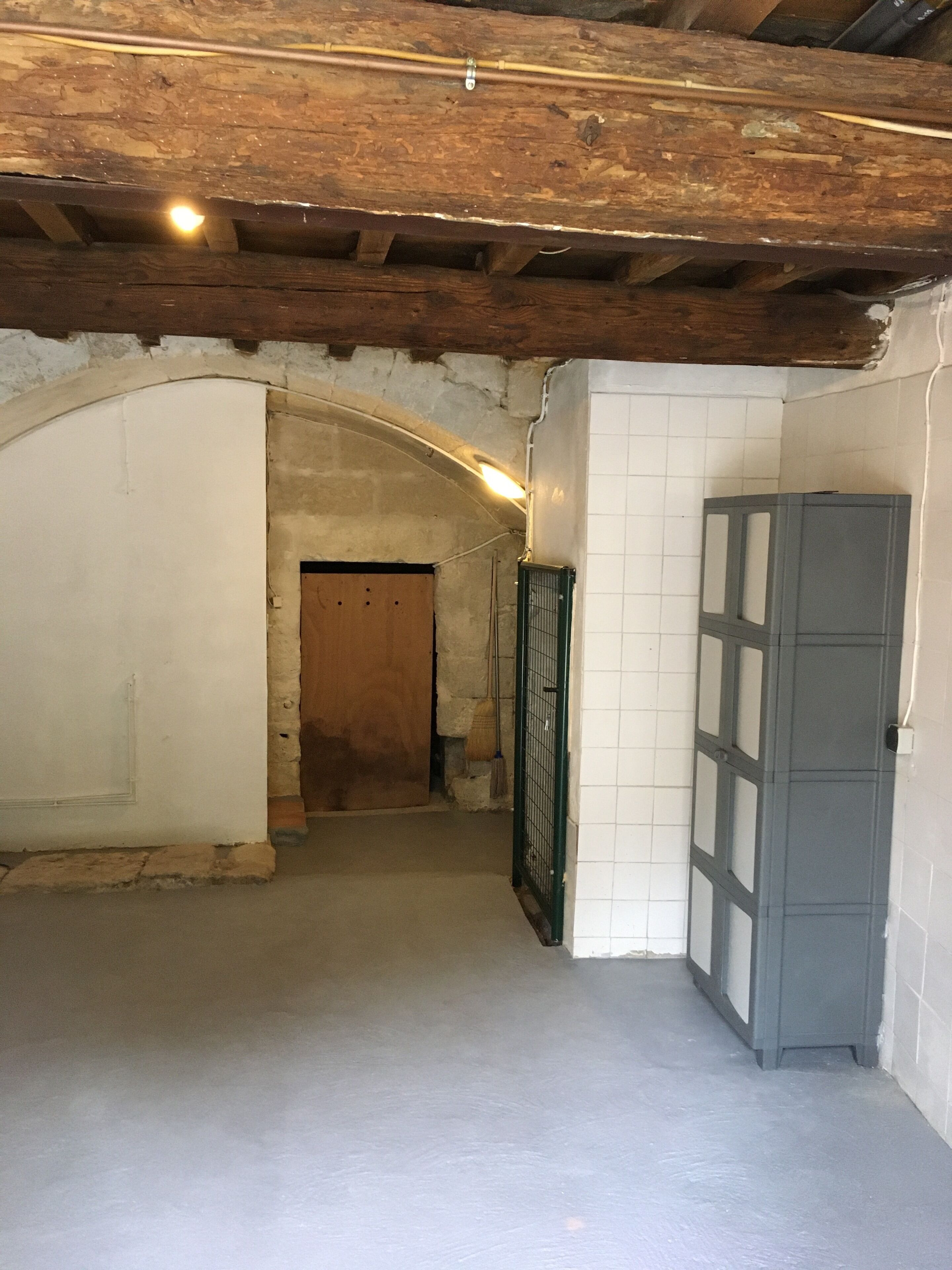 An interior corridor with a wooden ceiling, a tiled wall, and a door leading to another room.