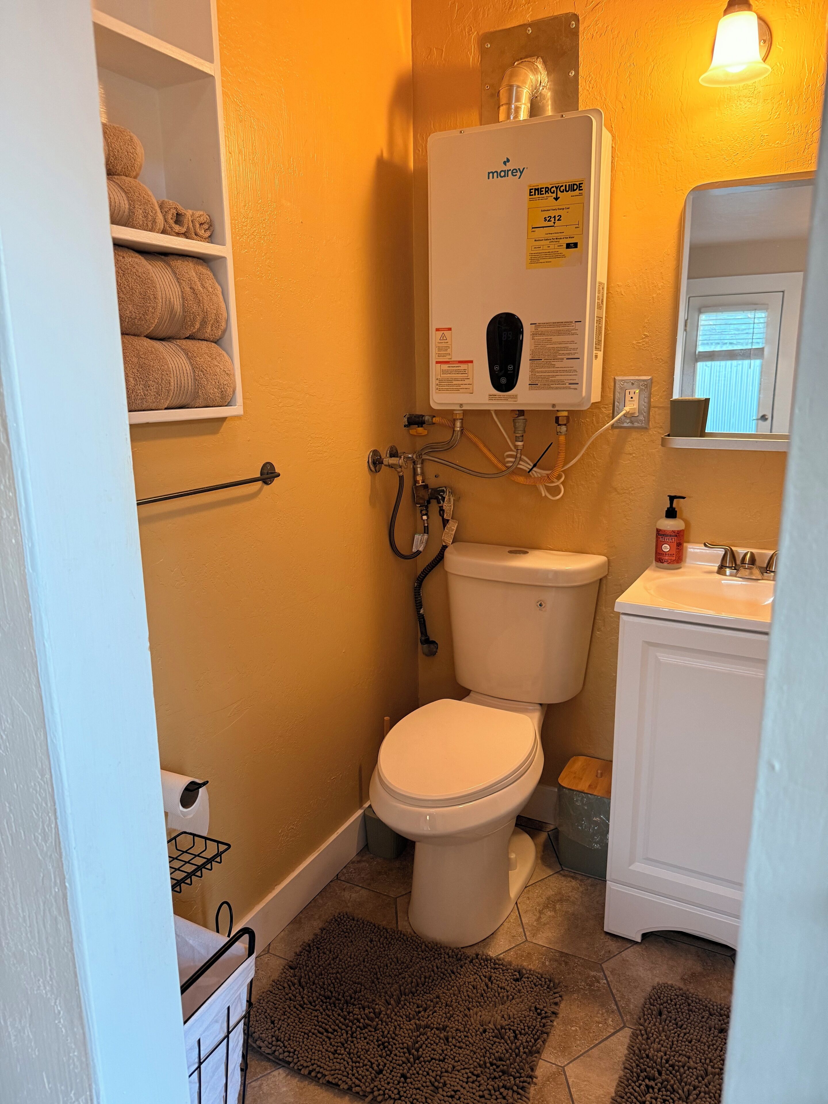 Shower, towels, soap, shampoo