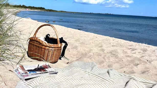 En strandscene med en fletkurv og et ternet tæppe i sandet.