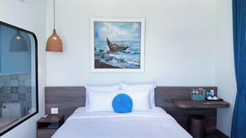 A hotel room with a bed, a nightstand, a painting of a boat on the wall, and a window with a view of a building.