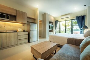 Desk, laptop workspace, blackout curtains, free WiFi