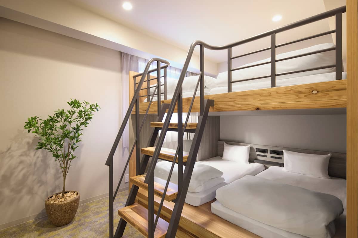Habitación con literas, una escalera, una planta en maceta y una ventana con cortinas.