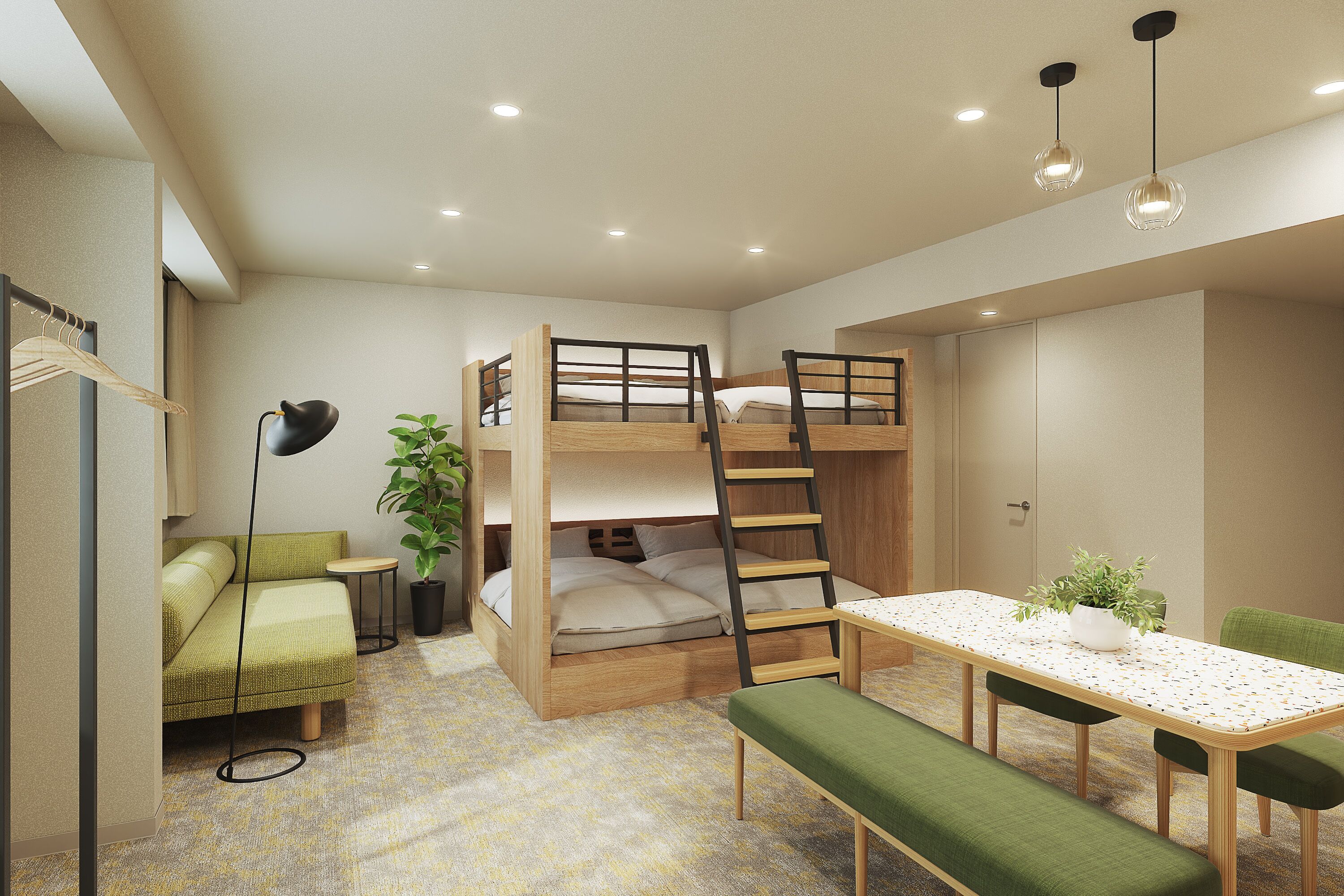 A bunk bed with a ladder, a small table with a plant, a bench, and a sofa in a room with carpeted flooring and recessed ceiling lights.