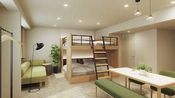 A bunk bed with a ladder, a small table with a plant, a bench, and a sofa in a room with carpeted flooring and recessed ceiling lights.