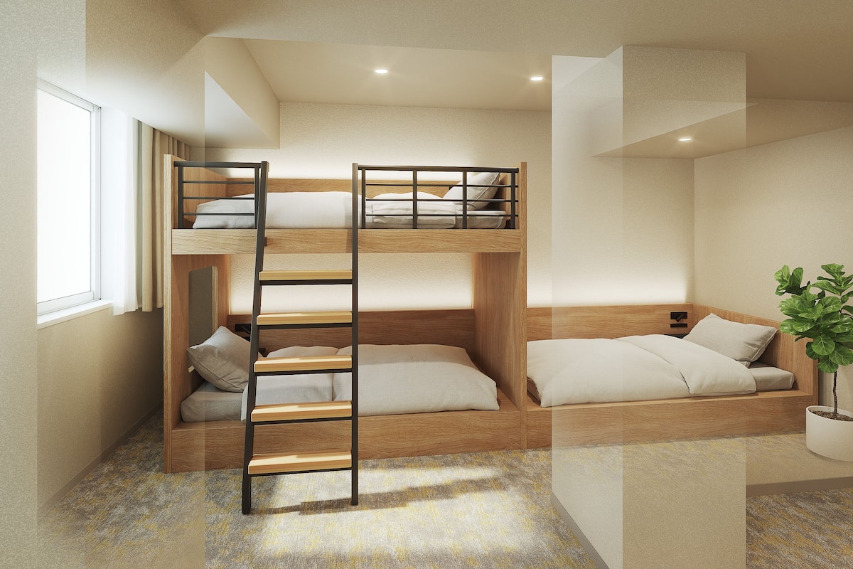 Habitación con literas, una planta en maceta y una ventana.