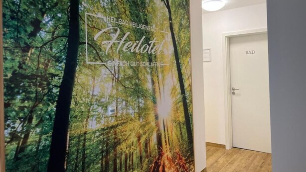 Un couloir orné d’une grande fresque murale sur le thème de la forêt, une porte sur laquelle est inscrit le mot « TOILETTES », et un plancher en bois.