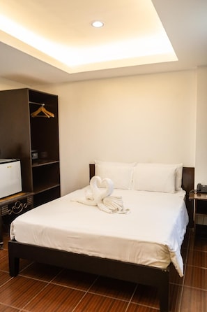 Una habitación de hotel con cama, armario, escritorio y una lámpara en el techo.