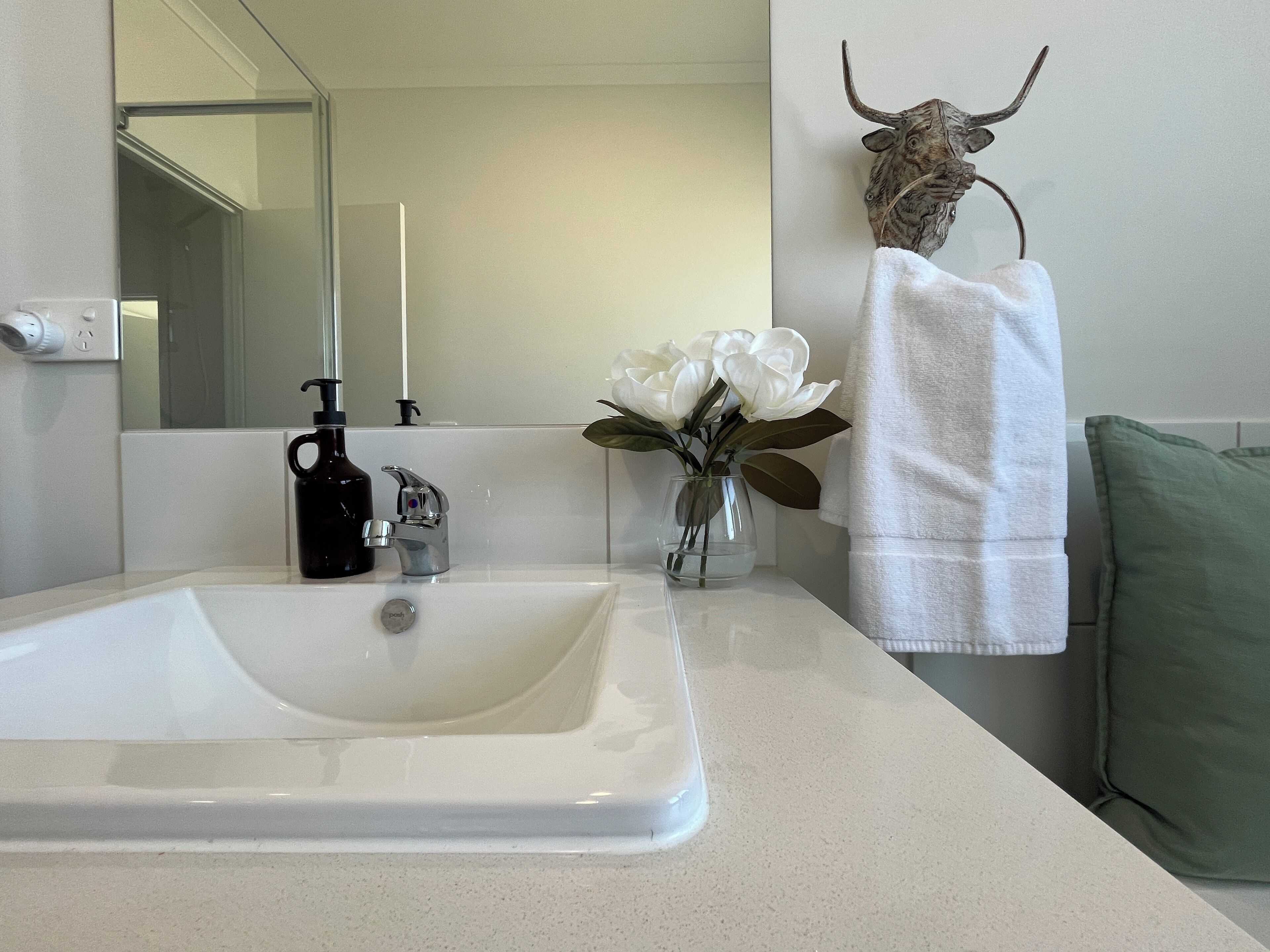 Hair dryer, towels, soap, toilet paper