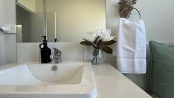 Hair dryer, towels, soap, toilet paper