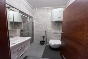 Ducha, secador de pelo, bidé y toallas