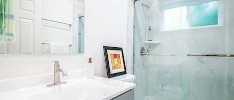 Hair dryer, towels, soap, toilet paper