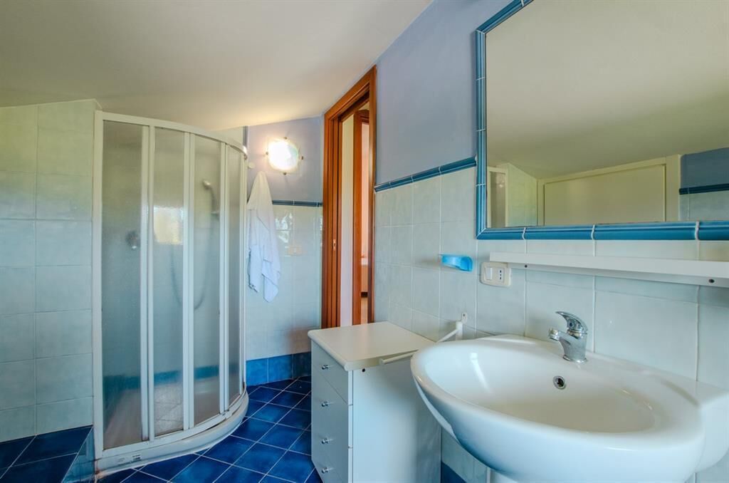 A bathroom with a glass shower enclosure, a sink, and a mirror.