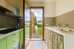 Superior cottage, 3 slaapkamers, terras, uitzicht op zwembad | Privékeuken | Een koelkast, een oven, een kookplaat, een vaatwasser