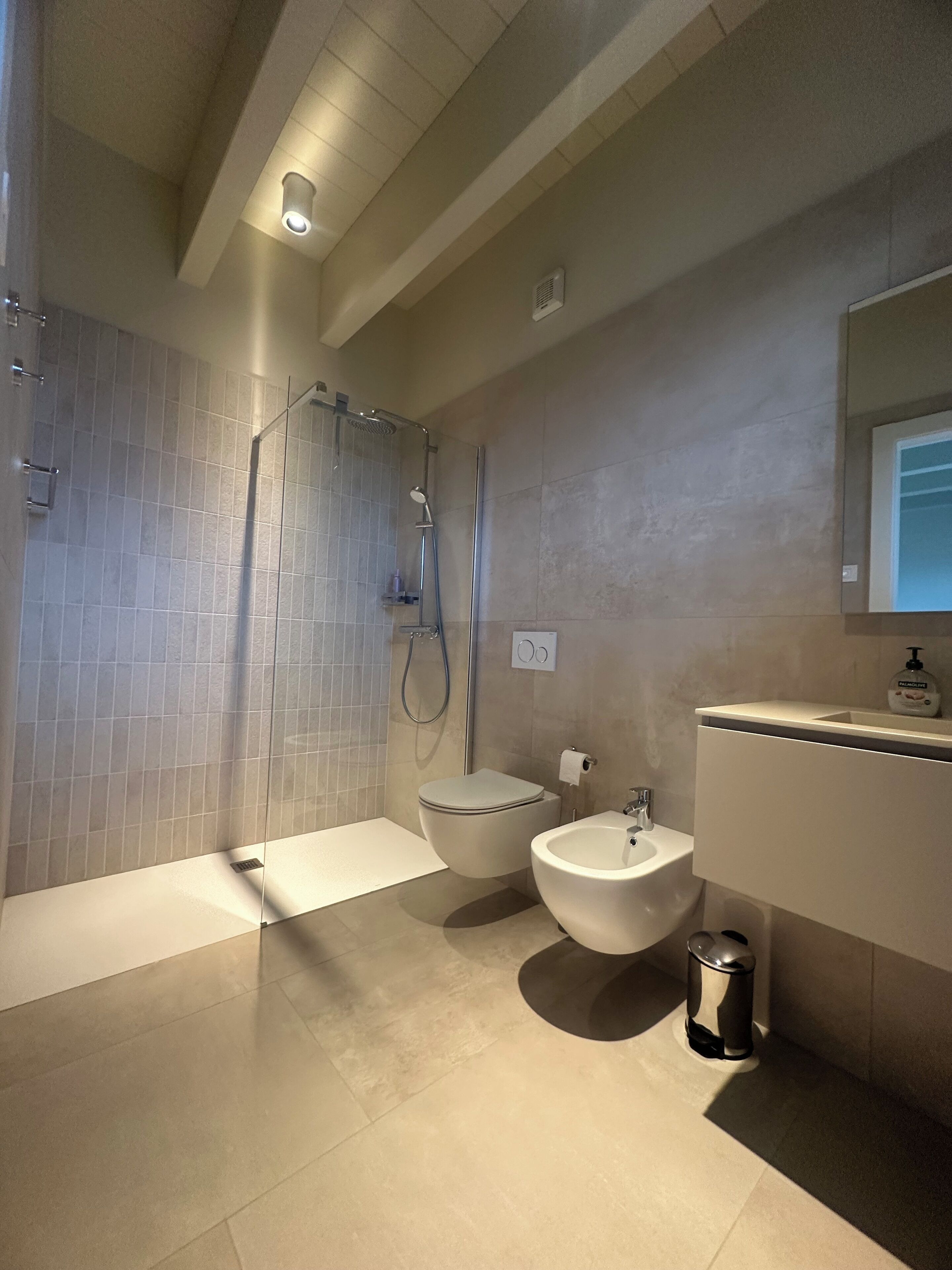 A modern bathroom with a shower, toilet, bidet, and sink.