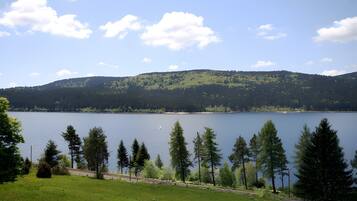 Un lac, avec une colline boisée en arrière-plan, un ciel dégagé et un sentier qui mène à l’eau.