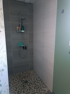 Douche, sèche-cheveux, serviettes fournies