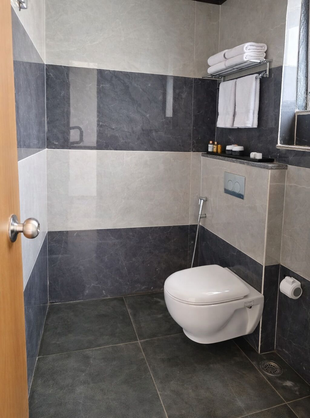Une salle de bain équipée de toilettes, d’une douche et d’un porte-serviettes.