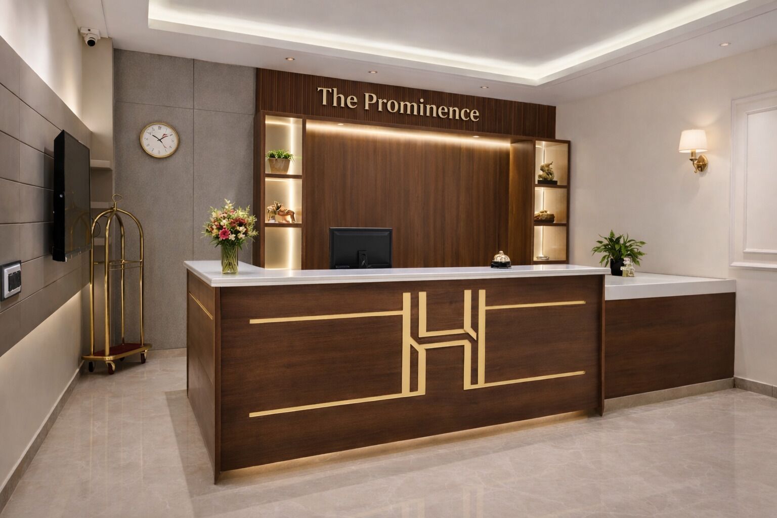 A reception desk with a wooden finish and a prominent "The Prominence" sign. There is a clock on the wall and a security camera above the desk.