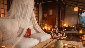 Una habitación tradicional japonesa con suelo de tatami, una mesa de madera baja con un jarrón y velas, y una cama con dosel y ropa de cama blanca.