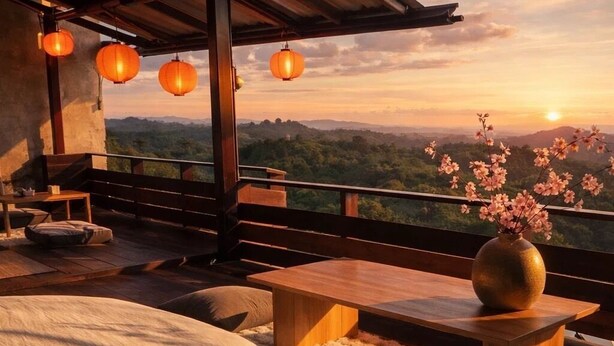 Un rincón acogedor al aire libre con una mesa de madera y cojines, con vistas a un paisaje pintoresco y una puesta de sol.