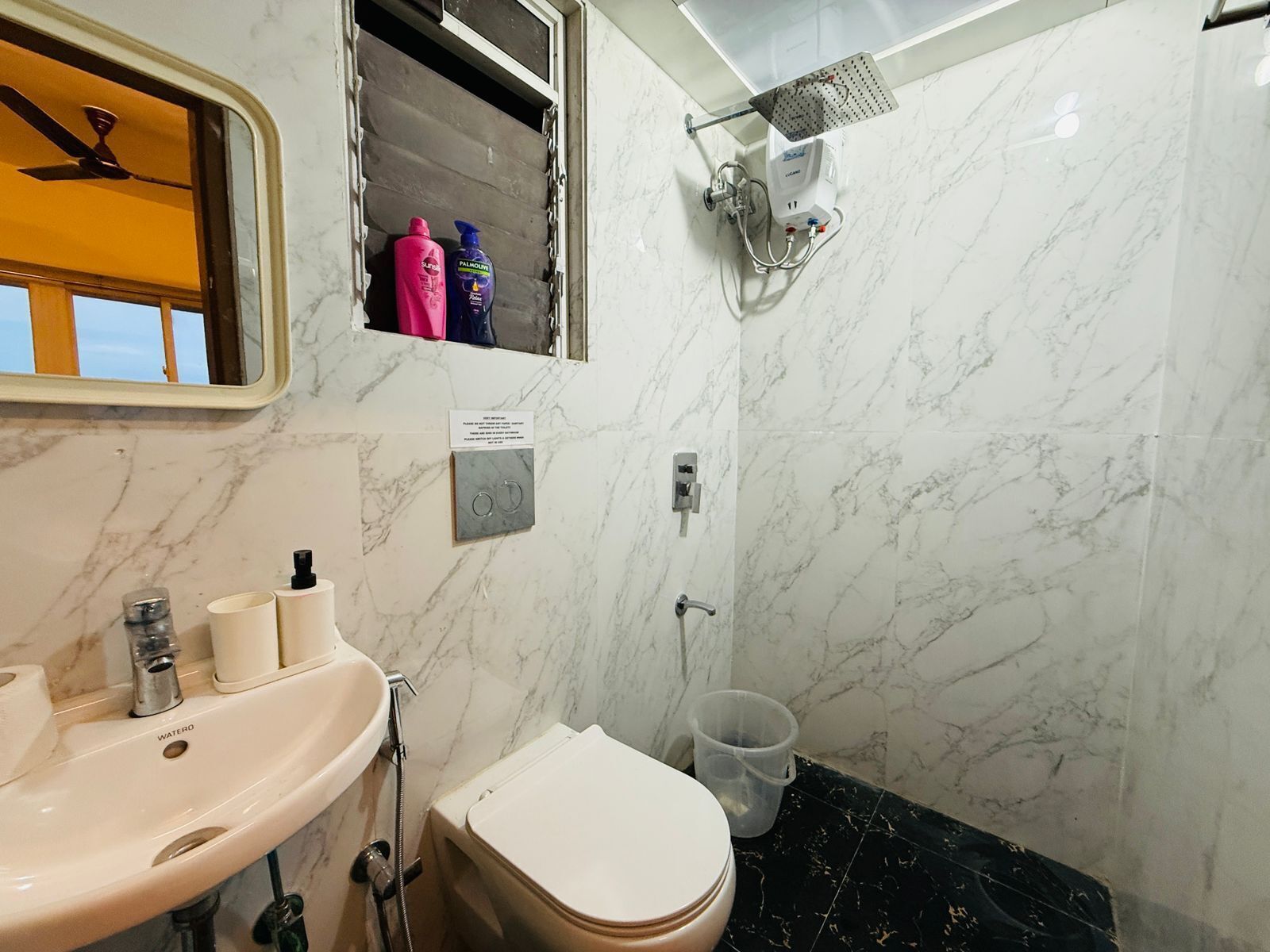 Shower, towels, soap, shampoo