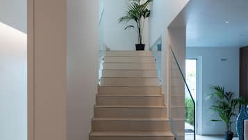 Una escalera moderna con una planta en un rellano.