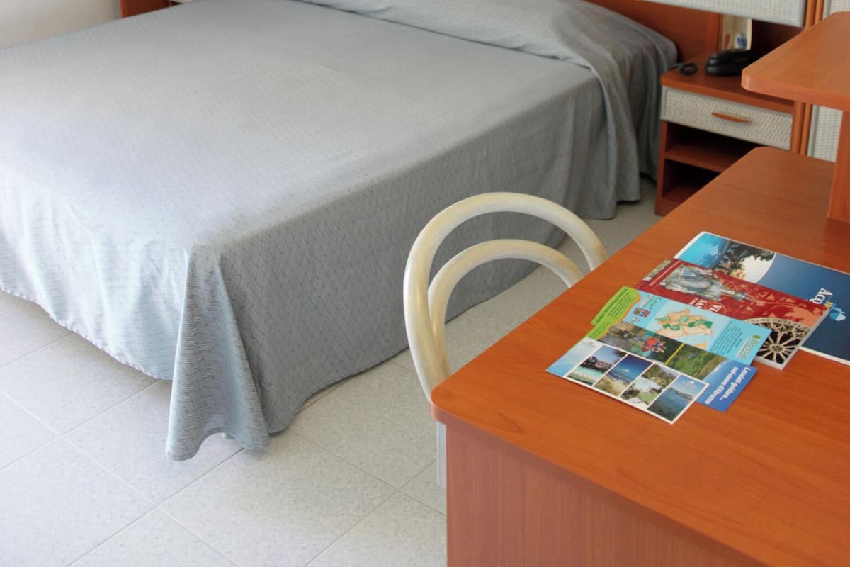 A single bed with a grey bedspread, a wooden desk with a chair, and a wardrobe with a mirror.