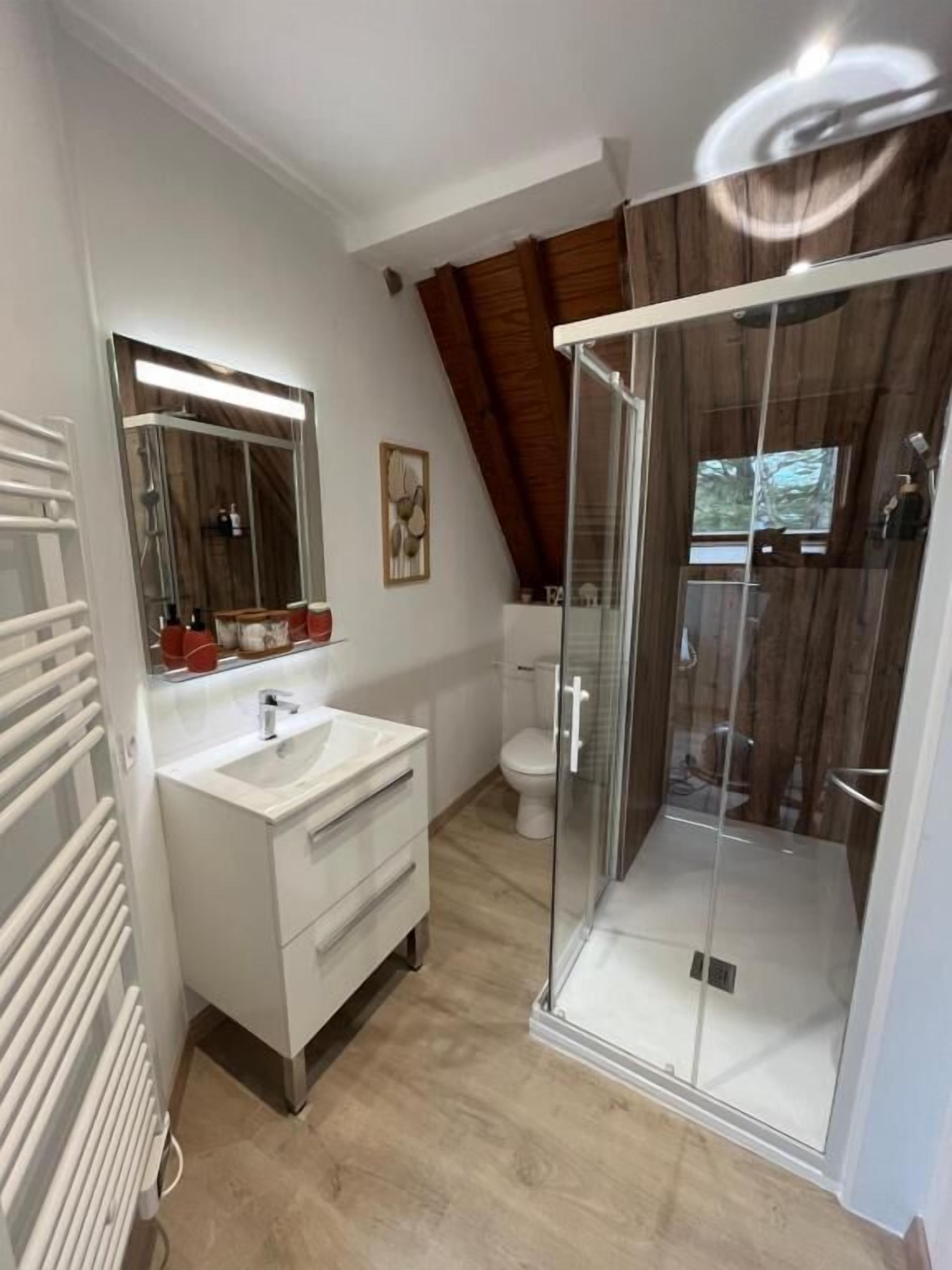 Un baño moderno con cabina de ducha de vidrio, tocador blanco con espejo y un inodoro.