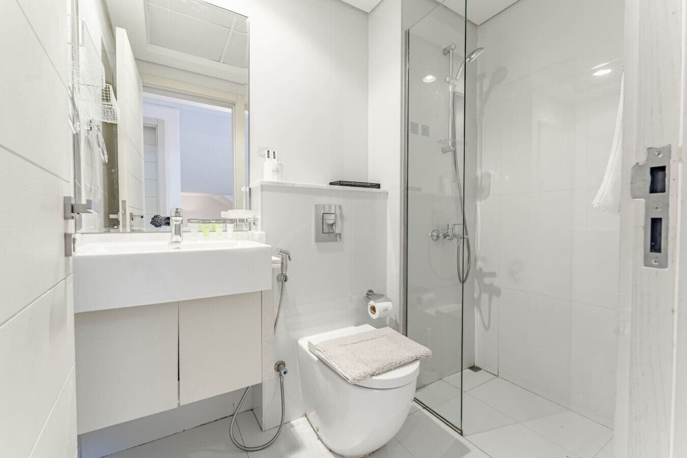 Shower, hair dryer, bidet, towels