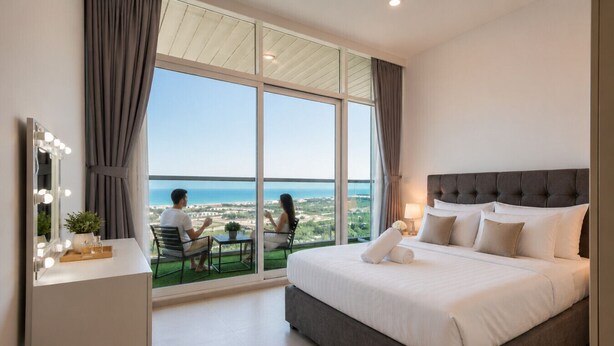 Ein Schlafzimmer mit einem großen Bett, einem Schminktisch mit Spiegel und Beleuchtung sowie einem Balkon mit Blick.