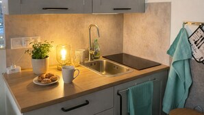 A modern kitchen with grey cabinets, a stainless steel sink, a countertop with a potted plant, a lit lamp, and a teal towel hanging on a rack. - ÖKO houseboat Morgenrot with sun terrace & harbor view near Stralsund (Stralsund)