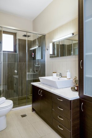 Shower, hair dryer, towels, toilet paper - Villa Elides, a Family Retreat with Pool & Enclosed Garden (Phylaki)