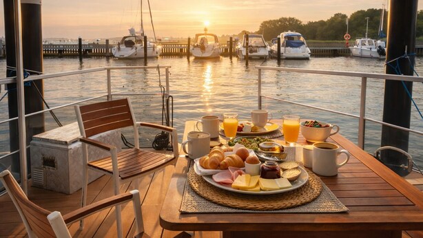 Mesa de café da manhã com comida e bebidas em um deck com vista para uma marina e barcos.