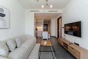 Living area - HAVN – 2 Bedroom Luxe Stay at The Crest, Sobha (Dubai)