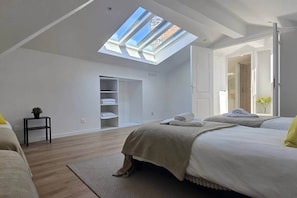 A bedroom with a skylight, a wardrobe, a bed, and a small table with a plant.