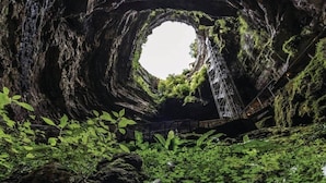 A natural rock formation with a circular opening, a metal staircase, and surrounding greenery.