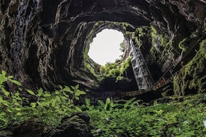 A natural rock formation with a circular opening, a metal staircase, and surrounding greenery.
