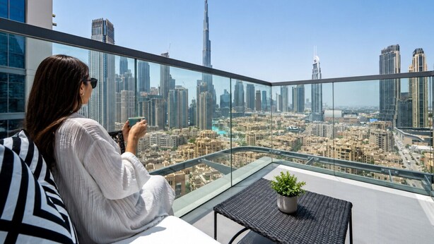 A person sitting on a balcony with a city view, a small table with a plant, and a glass railing. - HAVN - 1 Bedroom in Downtown, Burj Khalifa View (Dubai)