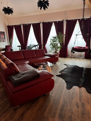 Un canapé en cuir rouge, une table basse en verre, un fauteuil suspendu, une plante en pot et un tapis en cuir noir dans une pièce dont le sol est en bois et qui est décorée de rideaux rouges.