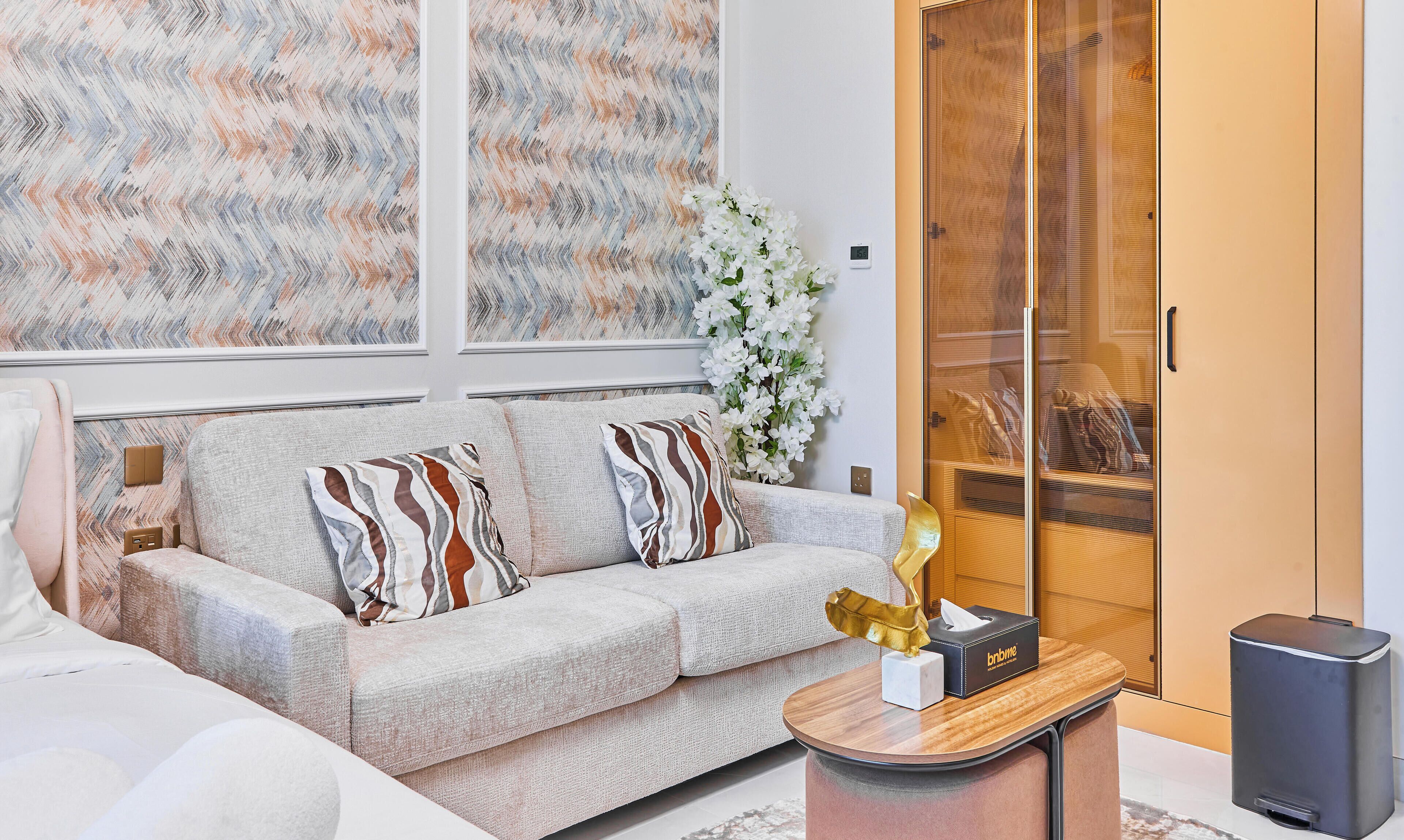 Luksusleilighet, balkong, byutsikt | Oppholdsområde