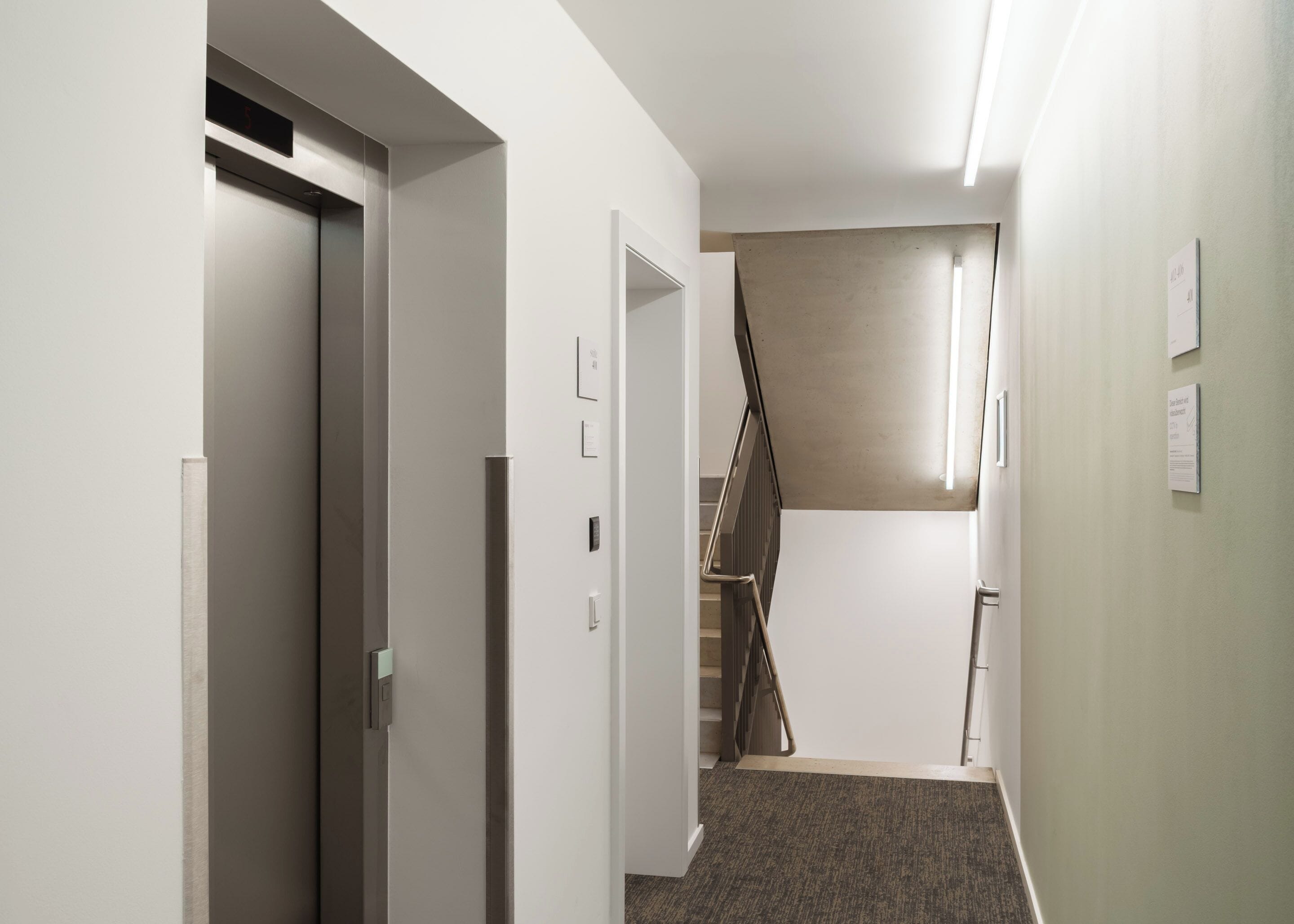 Ein Flur mit Teppichboden, einer Treppe und einer Tür zu einem Zimmer.