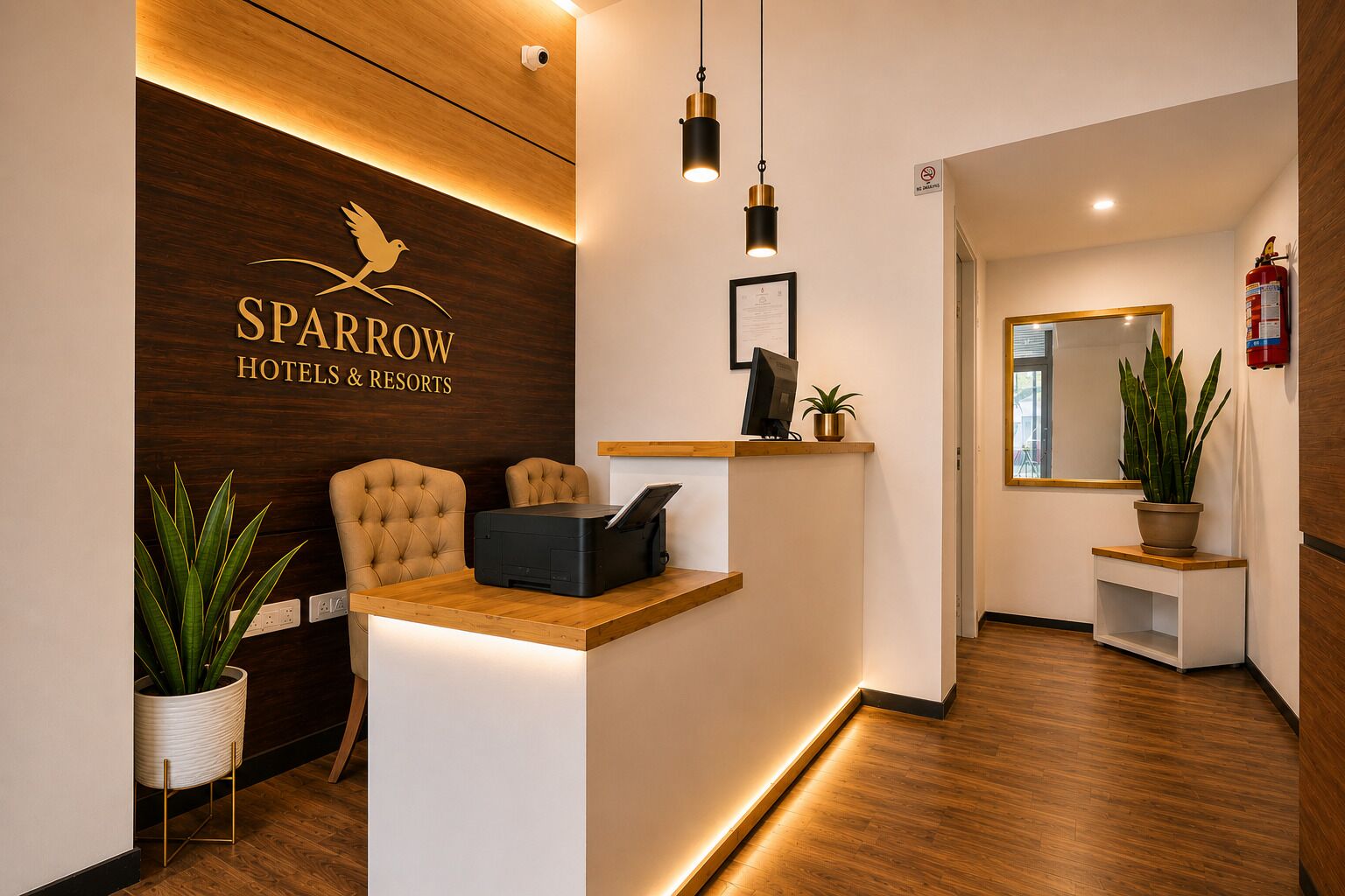 A reception desk with a wooden backdrop, a framed certificate, and a fire extinguisher.