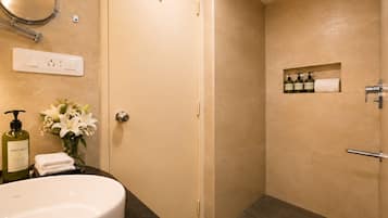 Shower, hydromassage showerhead, designer toiletries, hair dryer